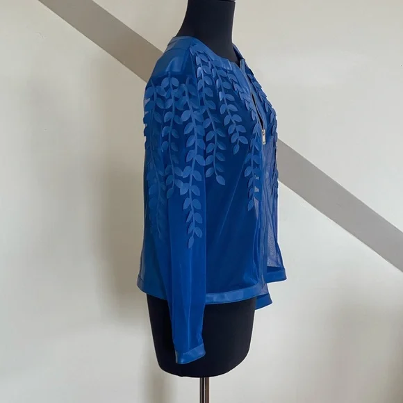 Colleen Lopez Vibrant Blue Sheer Faux Leather Jacket Women’s Sz S Leaf Details - Picture 5 of 13